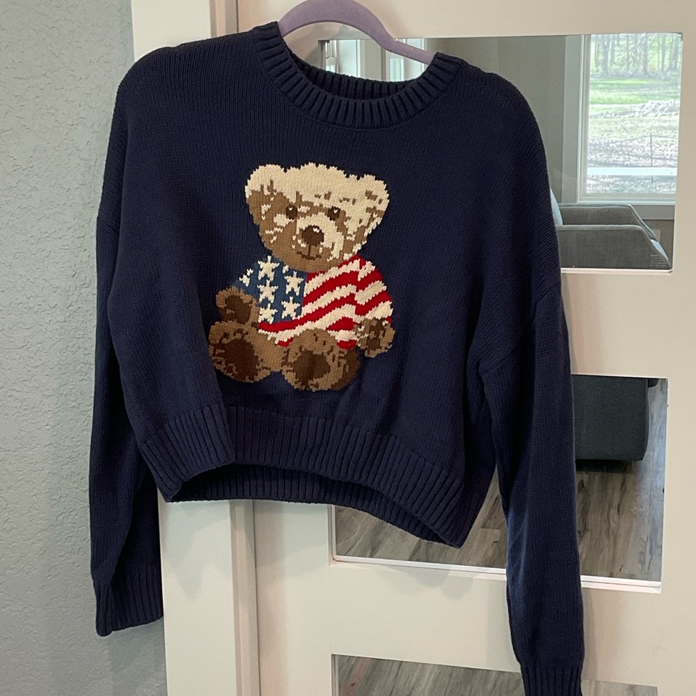 Grayson Threads Navy Sweater with Patriotic Bear Size XL